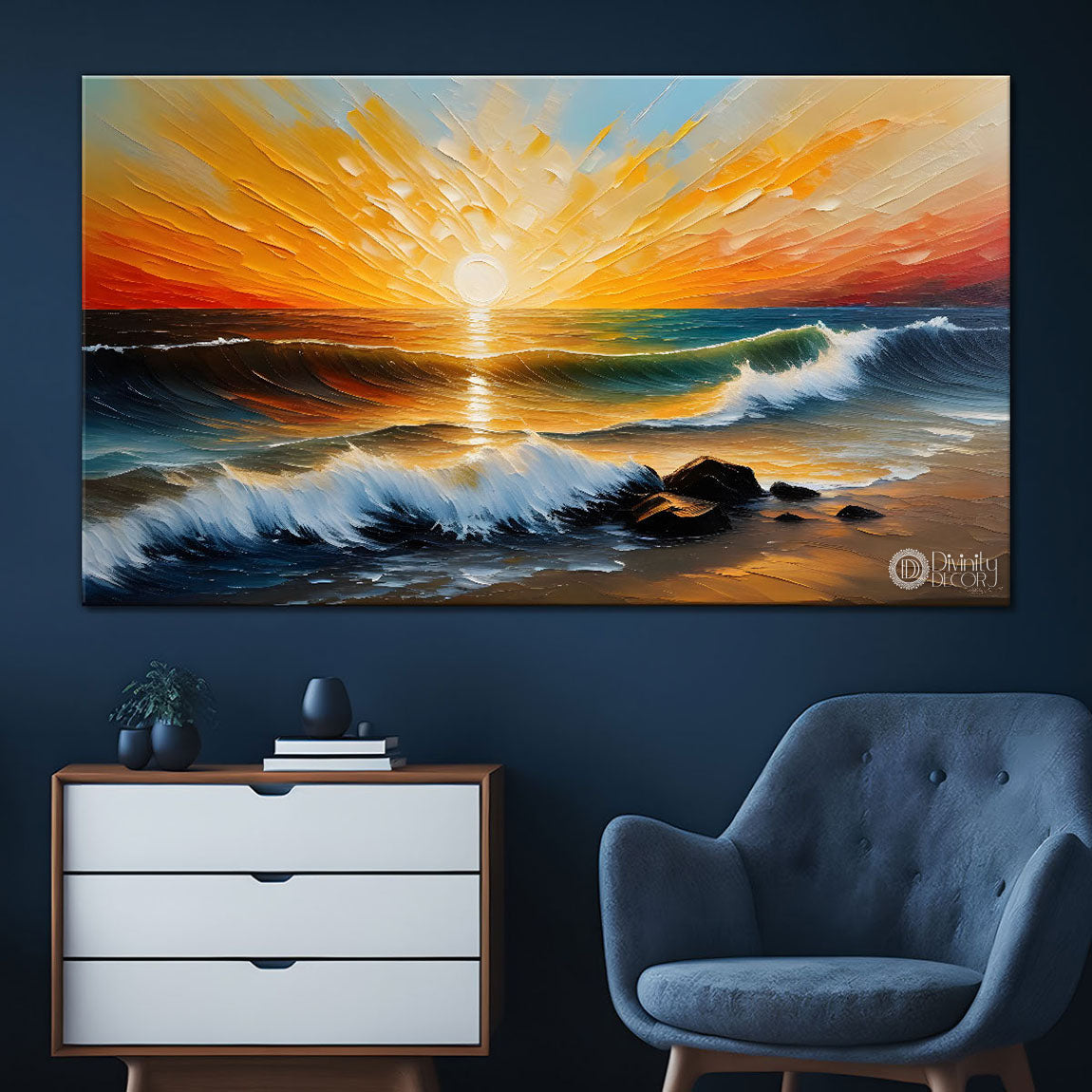 Beach and wave with sunset painting Canvas Painting - Nature Art -330