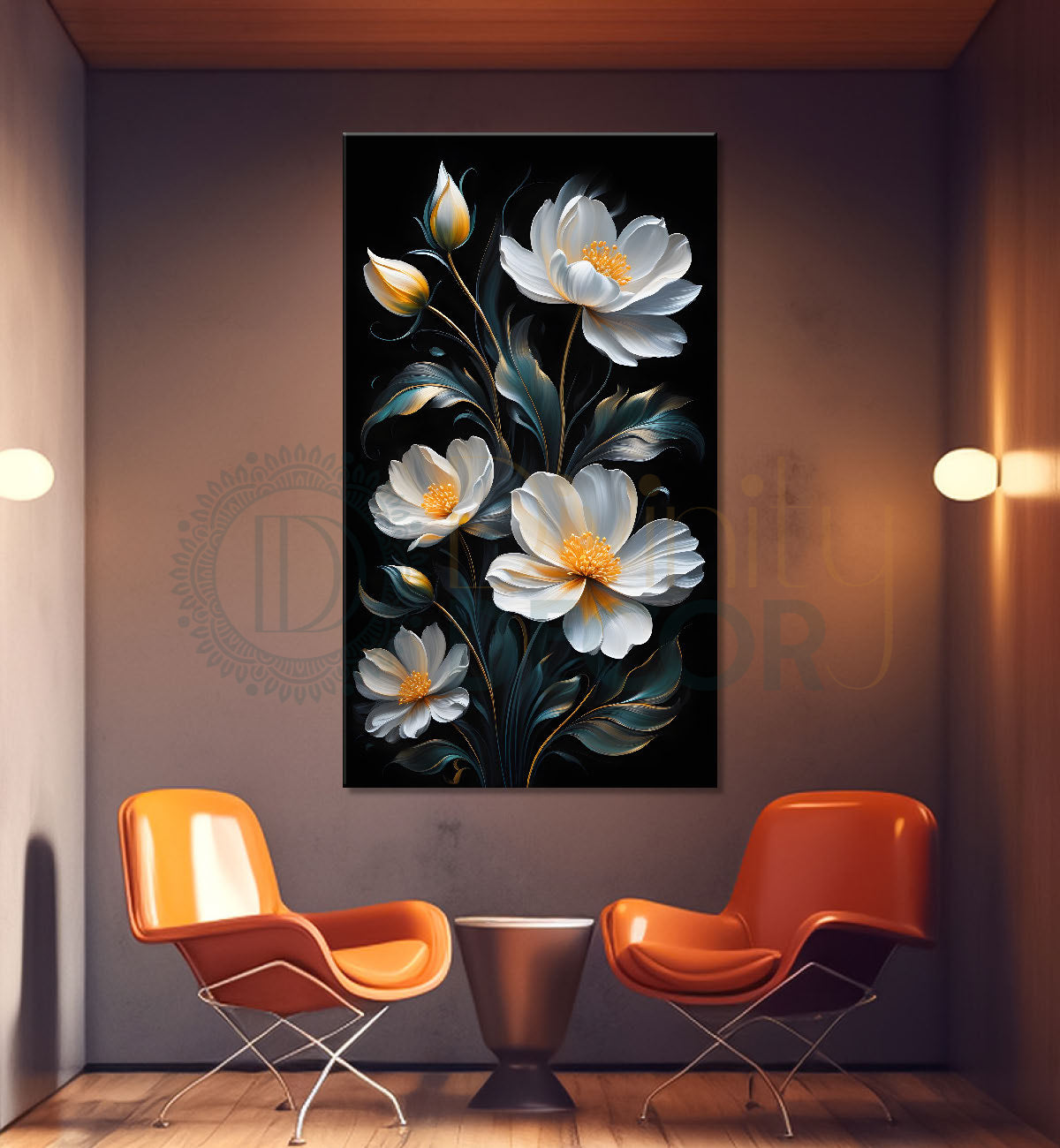 White flowers in dark textured background painting- Flower-V-330
