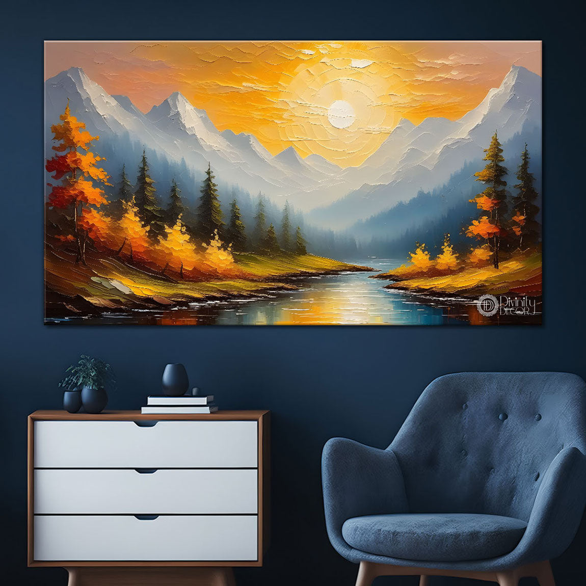 Mountains with trees and river in textured painting Canvas Painting - Nature Art -331
