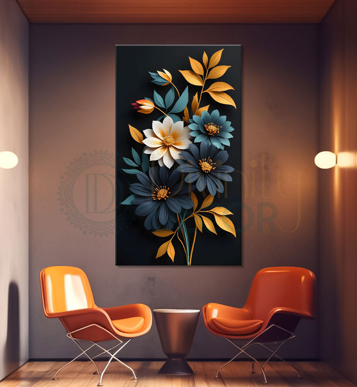 White and blue flowers in black textured painting- Flower-V-331