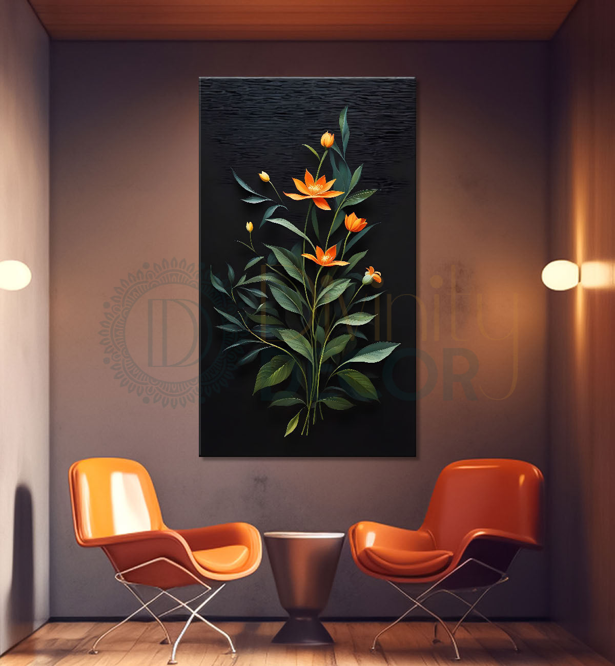 Orange flowers in dark textured background painting- Flower-V-332