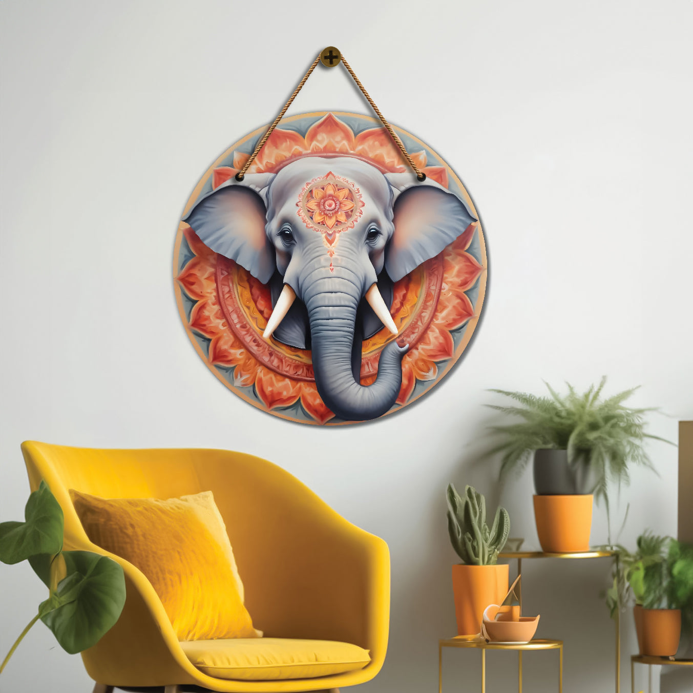 Elephant in grey and orange mandala Round Wooden Wall Hanging for wall Décor - Design - 332