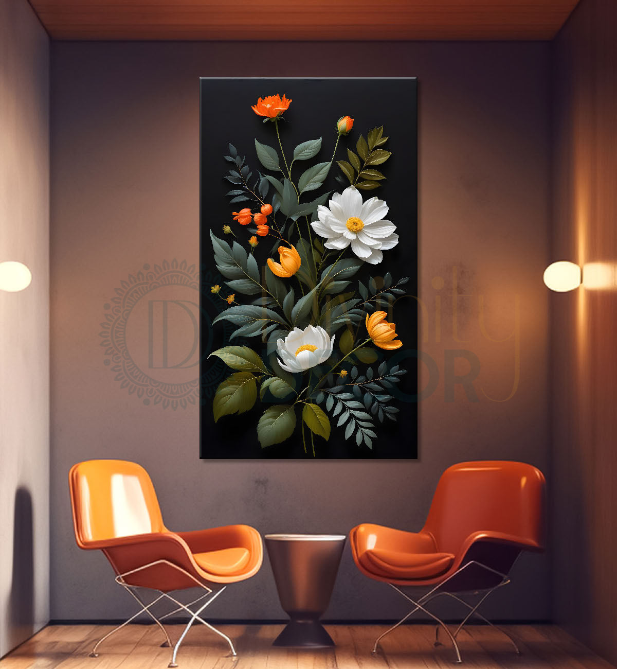 Orange and white flowers in dark textured background painting- Flower-V-333