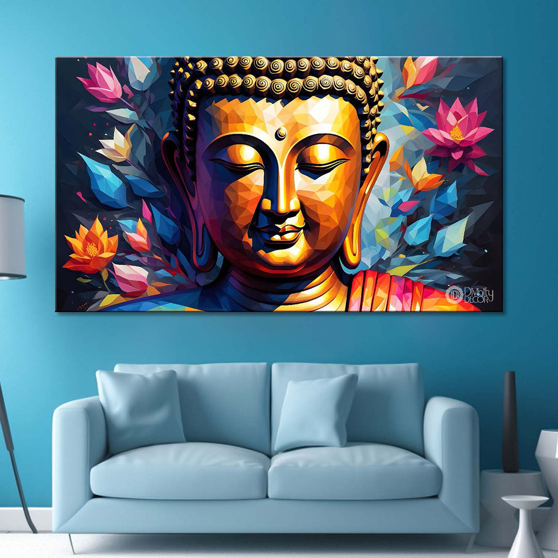 Golden buddha with colorful flowers background textured painting Canvas Wall Painting - Buddha-334