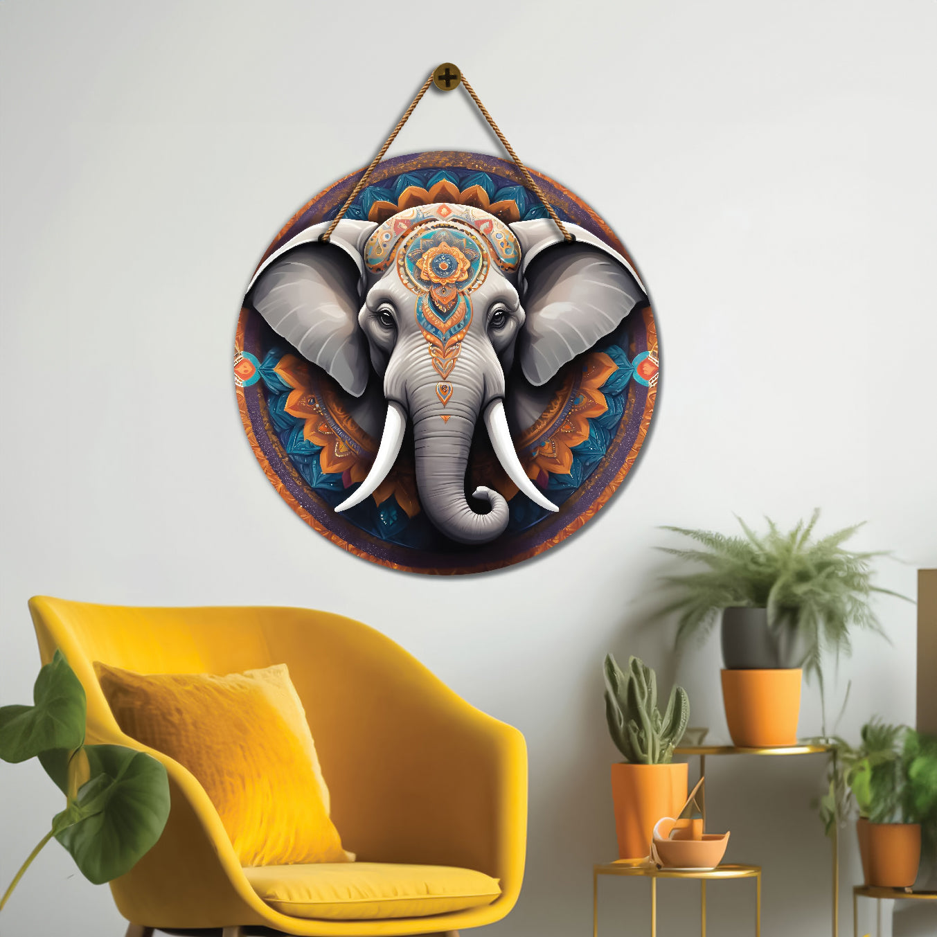 Elephant in grey and blue mandala Round Wooden Wall Hanging for wall Décor - Design - 334
