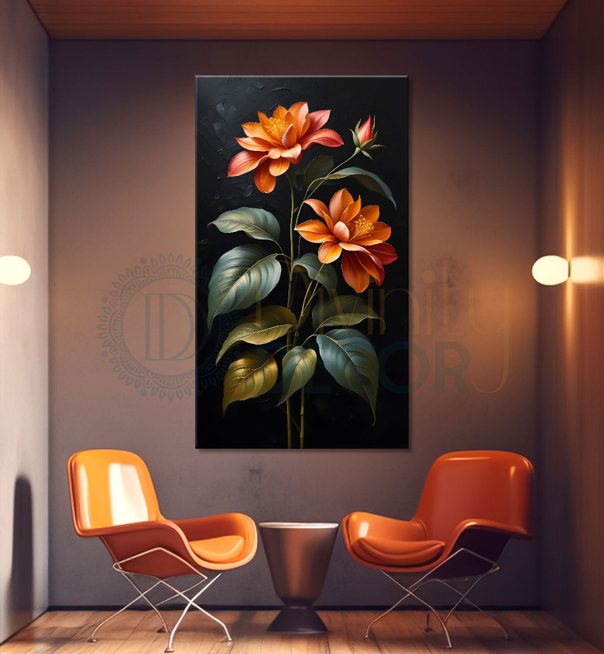 Orange flowers in dark textured background painting- Flower-V-334