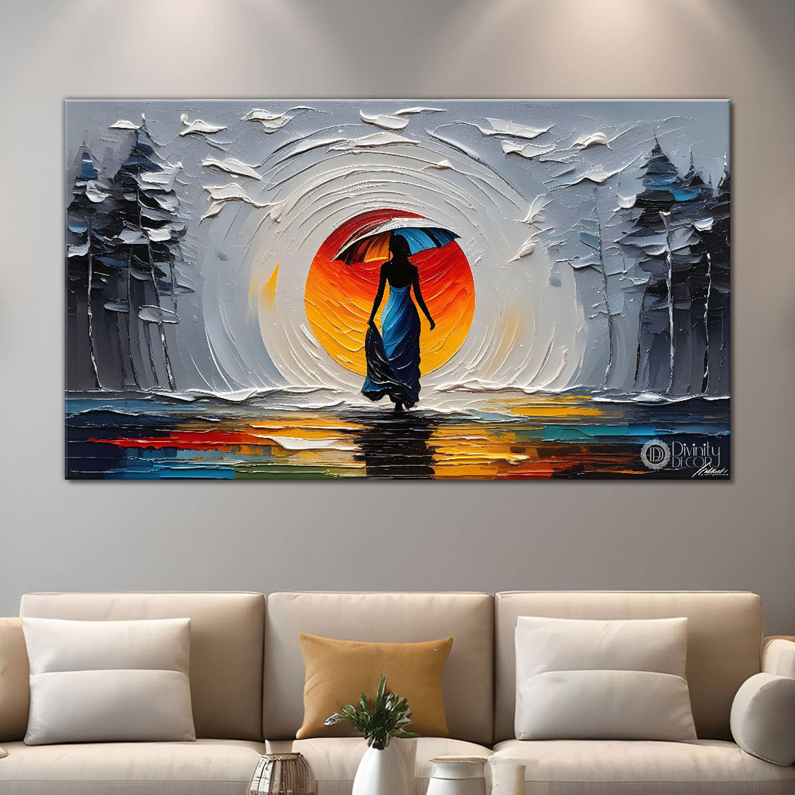 Women with umbrella textured modern art Canvas Painting - Design - Modern-L-334