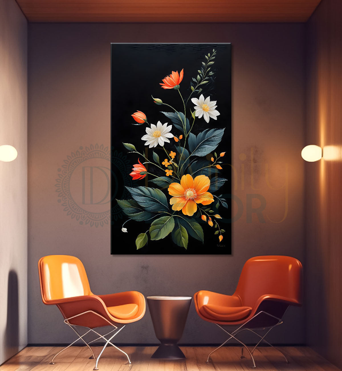 Orange and white flowers in dark textured background painting- Flower-V-335