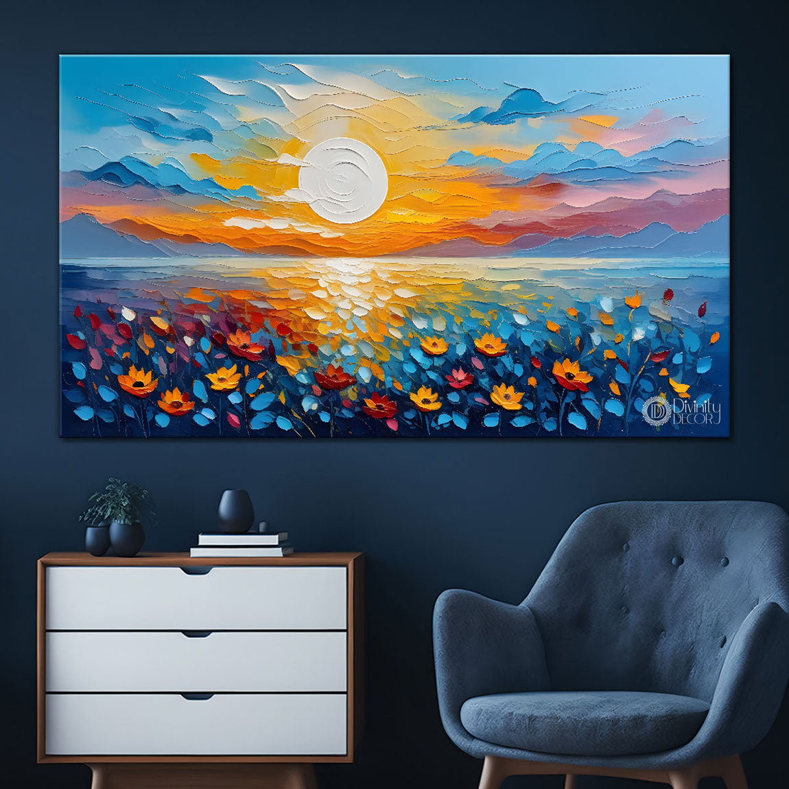 Mountains with flowers and sunset painting Canvas Painting - Nature Art -335