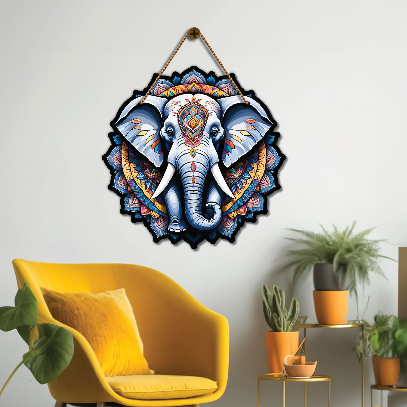 Elephant in grey and blue mandala Round Wooden Wall Hanging for wall Décor - Design - 335