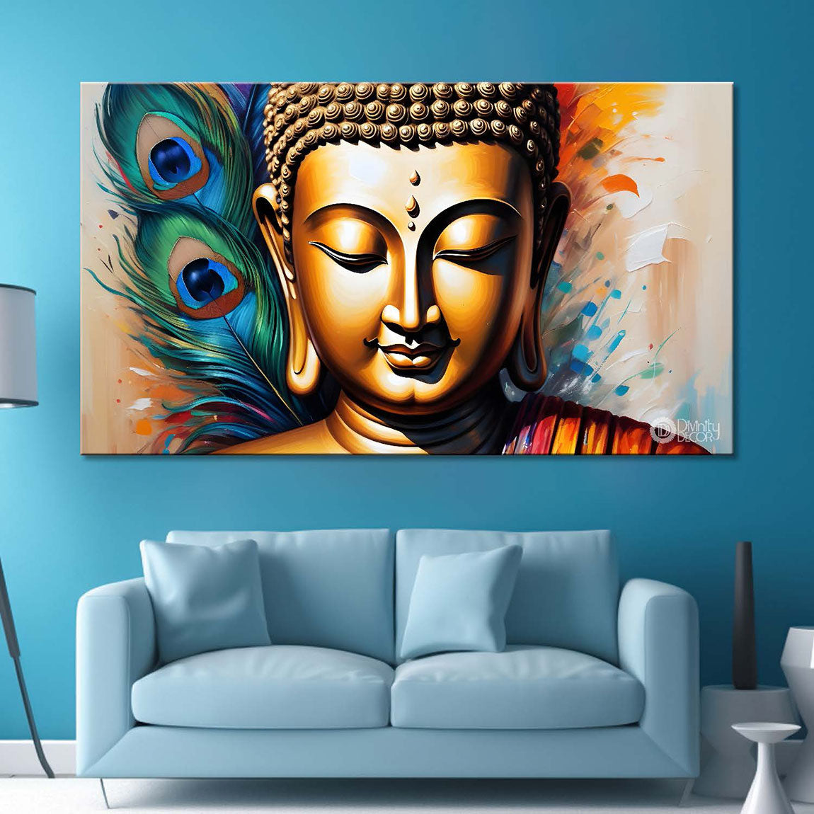 Golden buddha with peacock feather background textured painting Canvas Wall Painting - Buddha-336