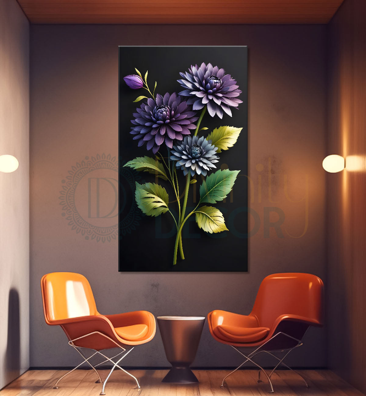 Purple flowers with dark textured background painting- Flower-V-336