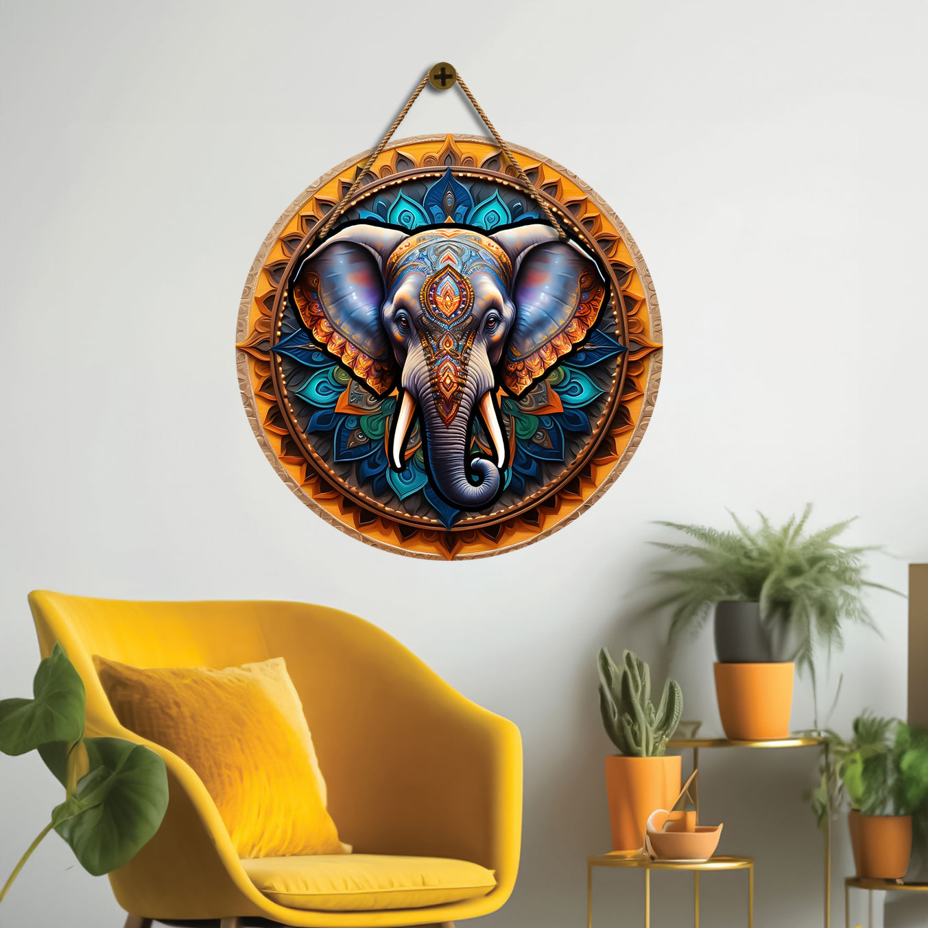 Elephant in blue and yellow mandala Round Wooden Wall Hanging for wall Décor - Design - 337