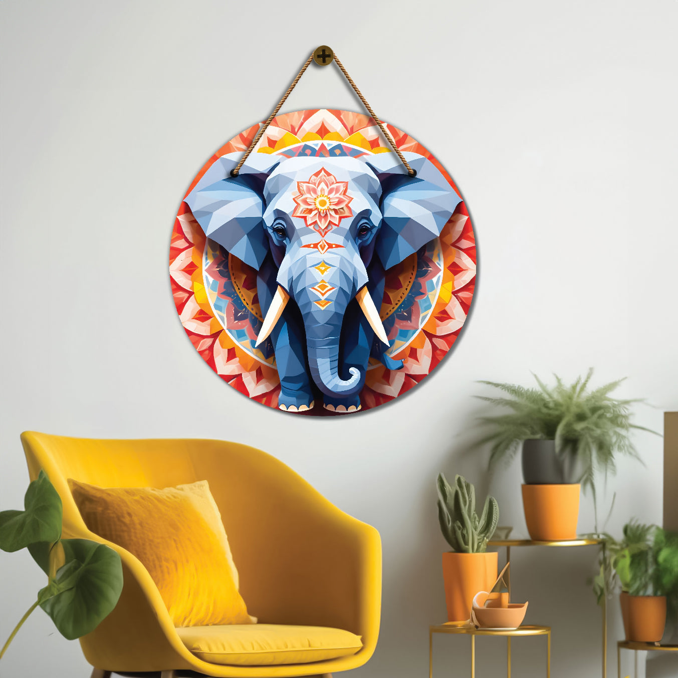 Elephant in grey and orange mandala Round Wooden Wall Hanging for wall Décor - Design - 338