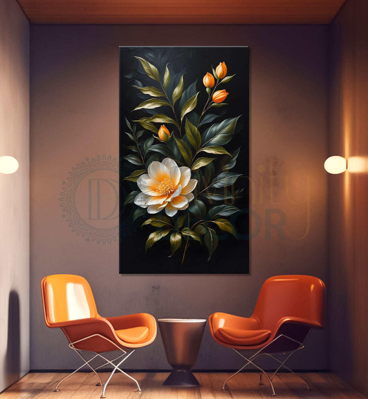 White flower in dark textured background painting- Flower-V-338