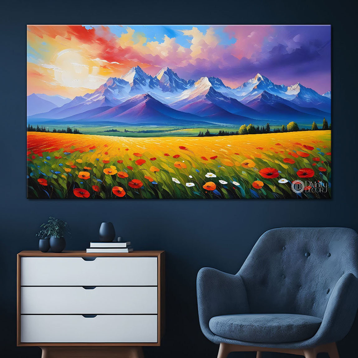 Mountains with flowers and sunset painting Canvas Painting - Nature Art -339