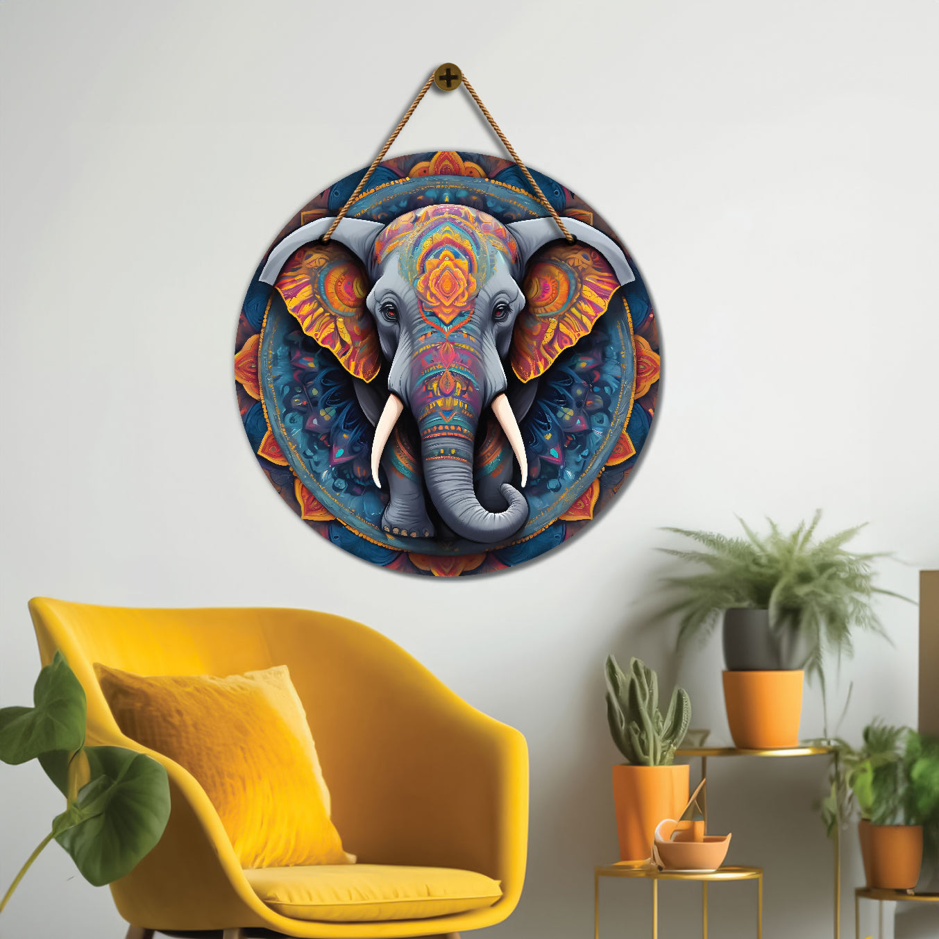 Elephant in grey and orange mandala Round Wooden Wall Hanging for wall Décor - Design - 339