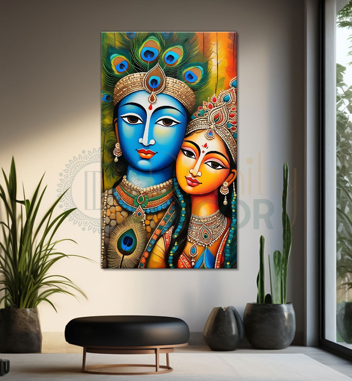 Blue face of krishna with radha in orange background textured art Canvas Painting - Design - Krishna-V-33