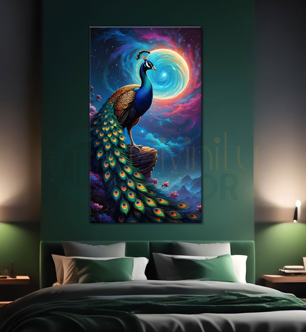 Peacock in front of moon with blue background modern art painting  - Design - Peacock-V-33