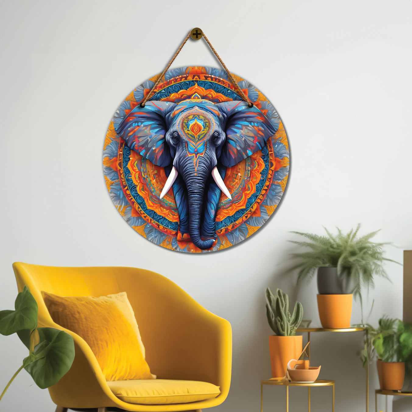 Elephant in grey and orange mandala Round Wooden Wall Hanging for wall Décor - Design - 340