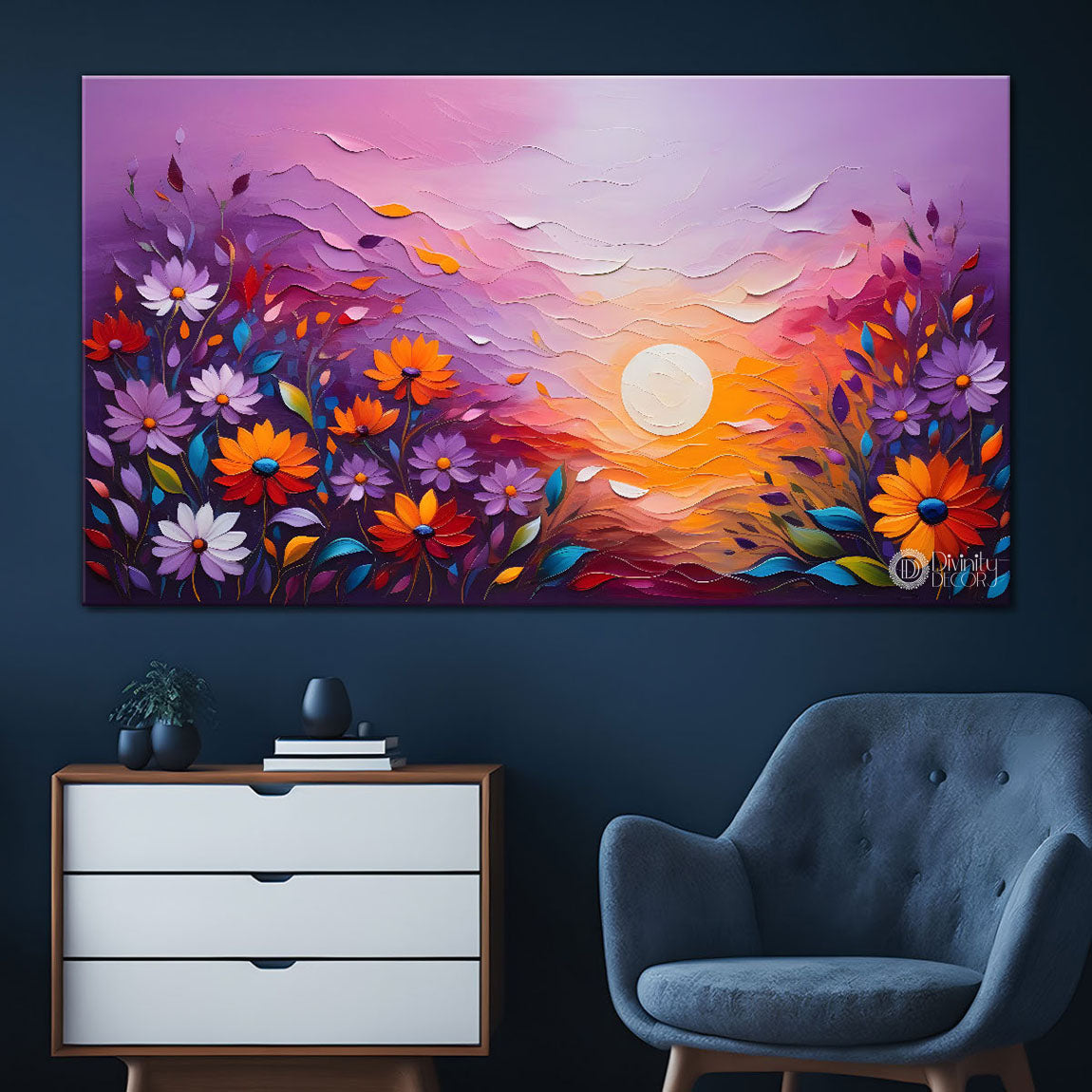 Sunset with flowers painting Canvas Painting - Nature Art -340