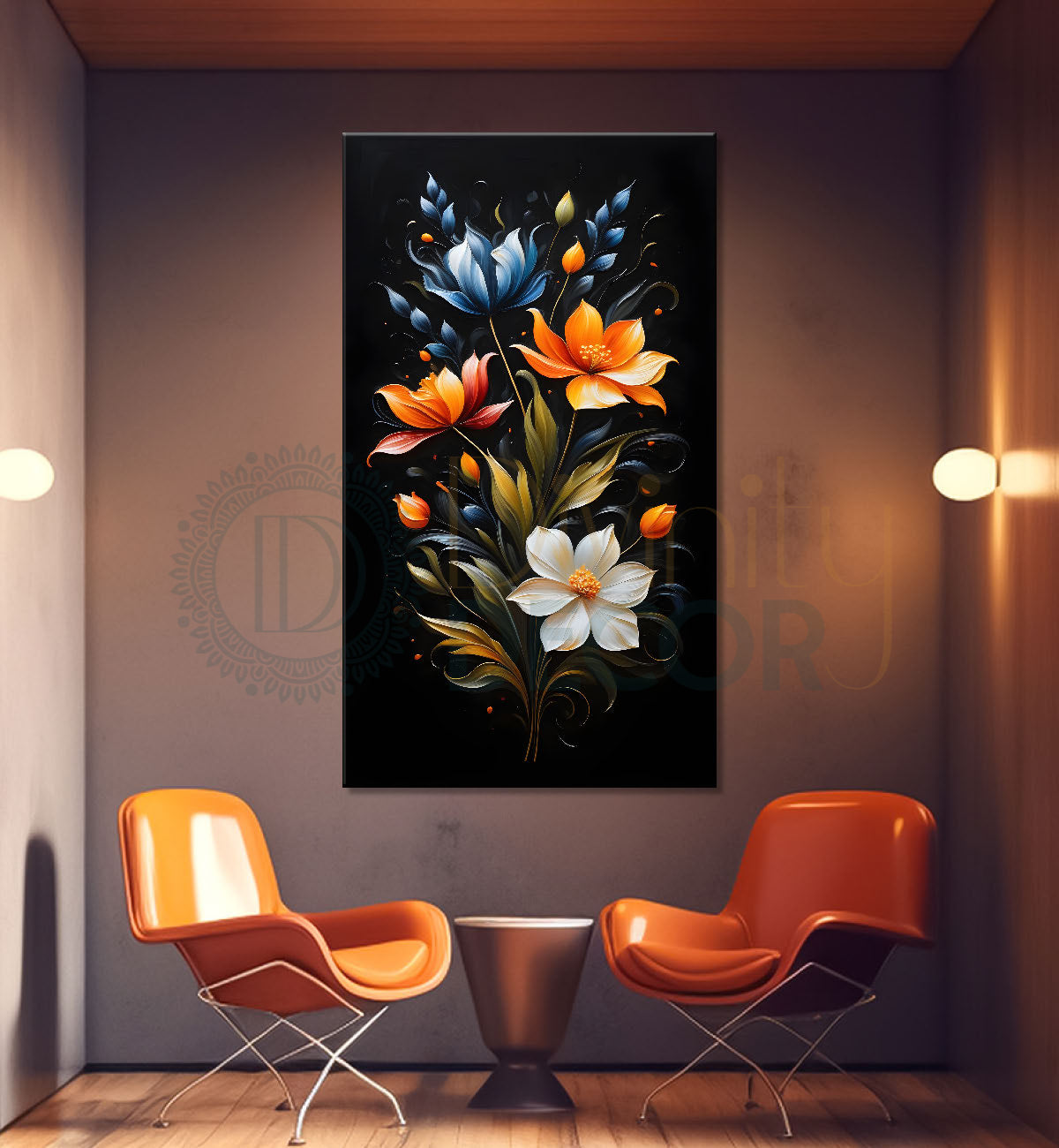 Orange and white flowers in dark textured background painting- Flower-V-340