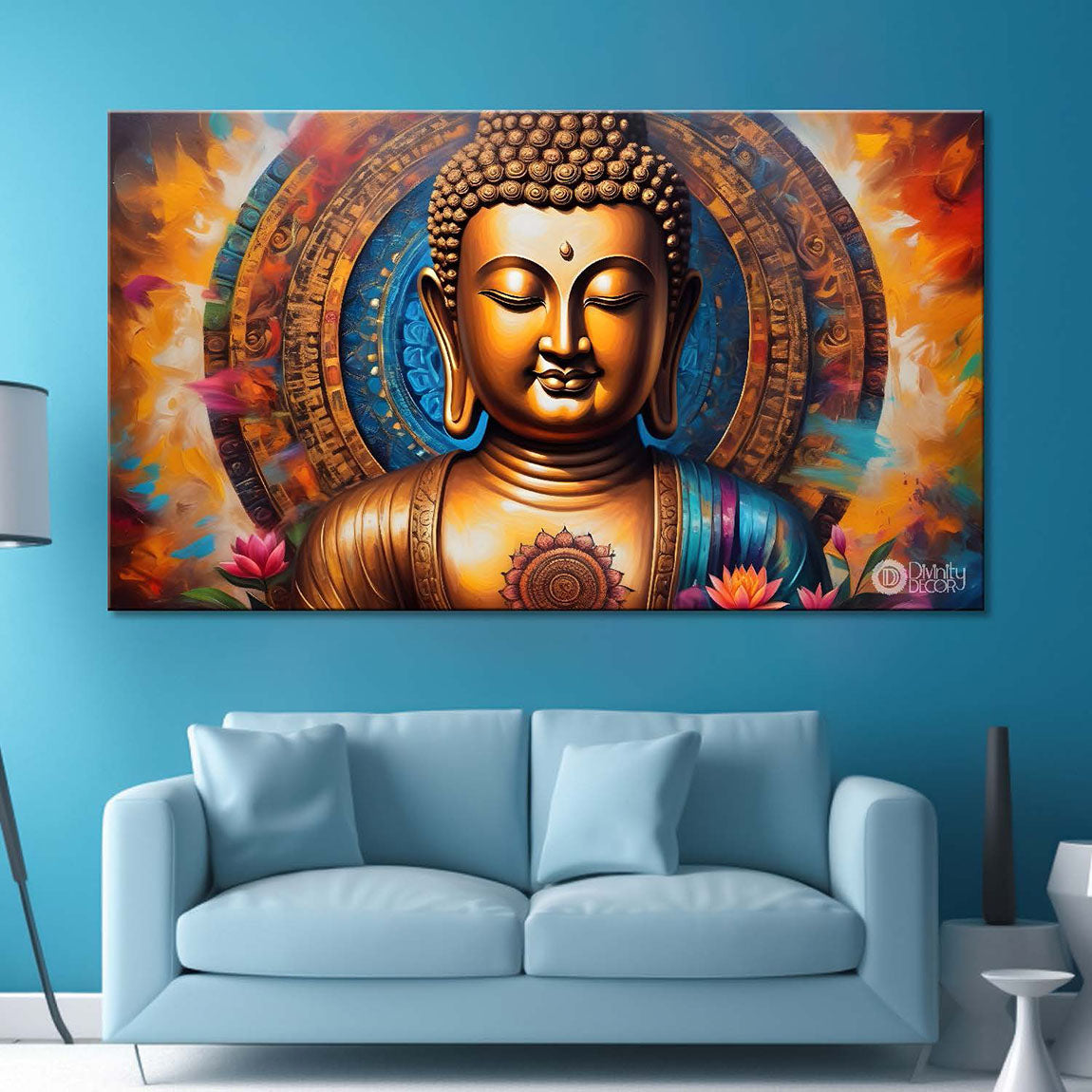 Golden buddha with colorful chakra background textured painting Canvas Wall Painting - Buddha-341