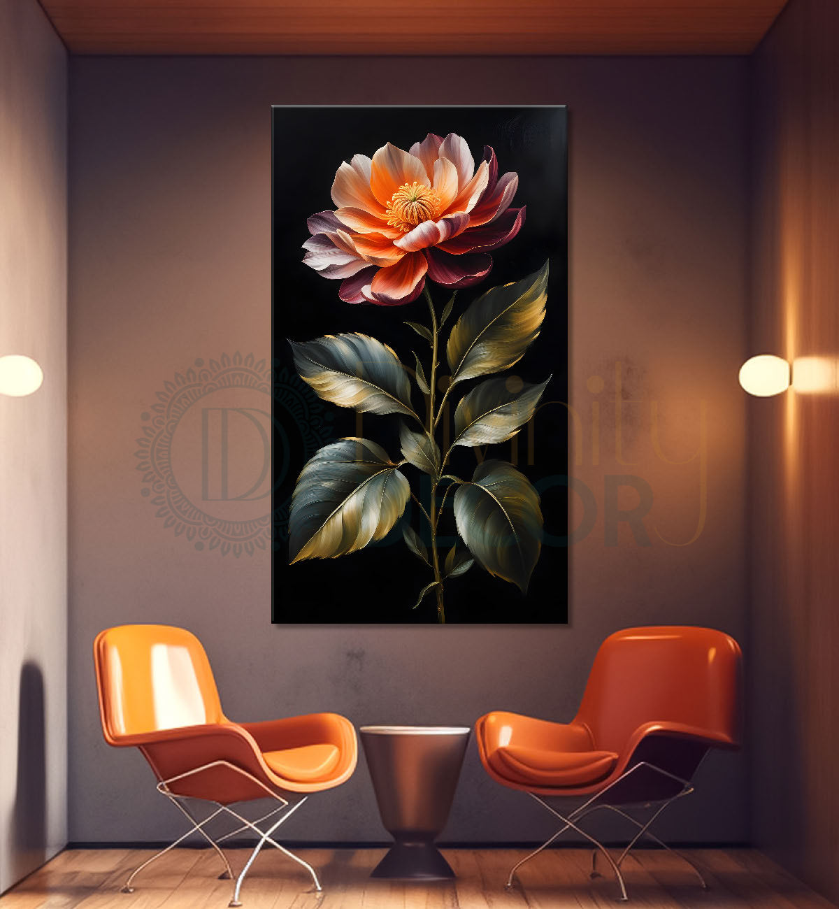 Pink flowers in dark textured painting- Flower-V-341