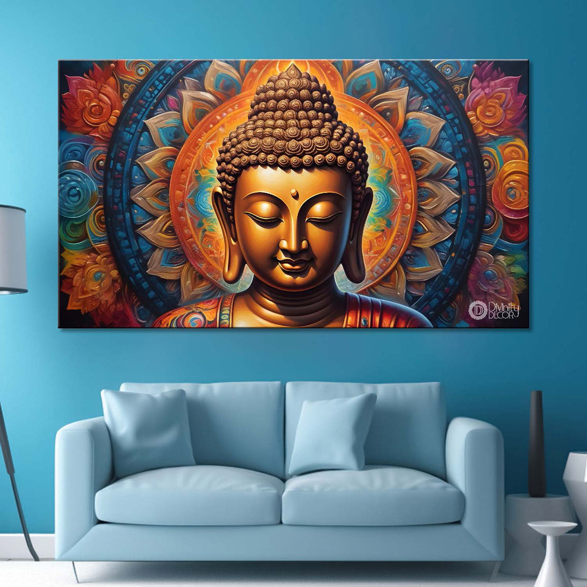 Golden buddha with colorful chakra background textured painting Canvas Wall Painting - Buddha-342