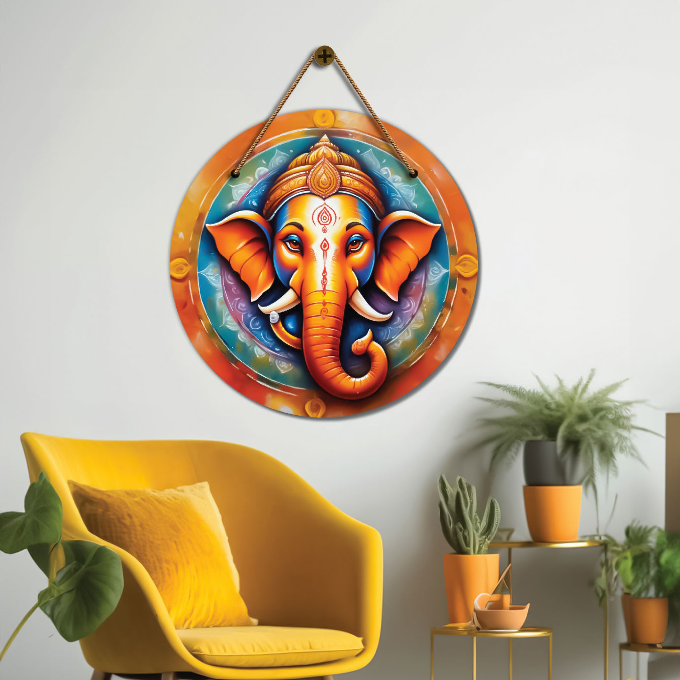 Ganesh Ji in blue and orange mandala Round Wooden Wall Hanging for wall Décor - Design - 342