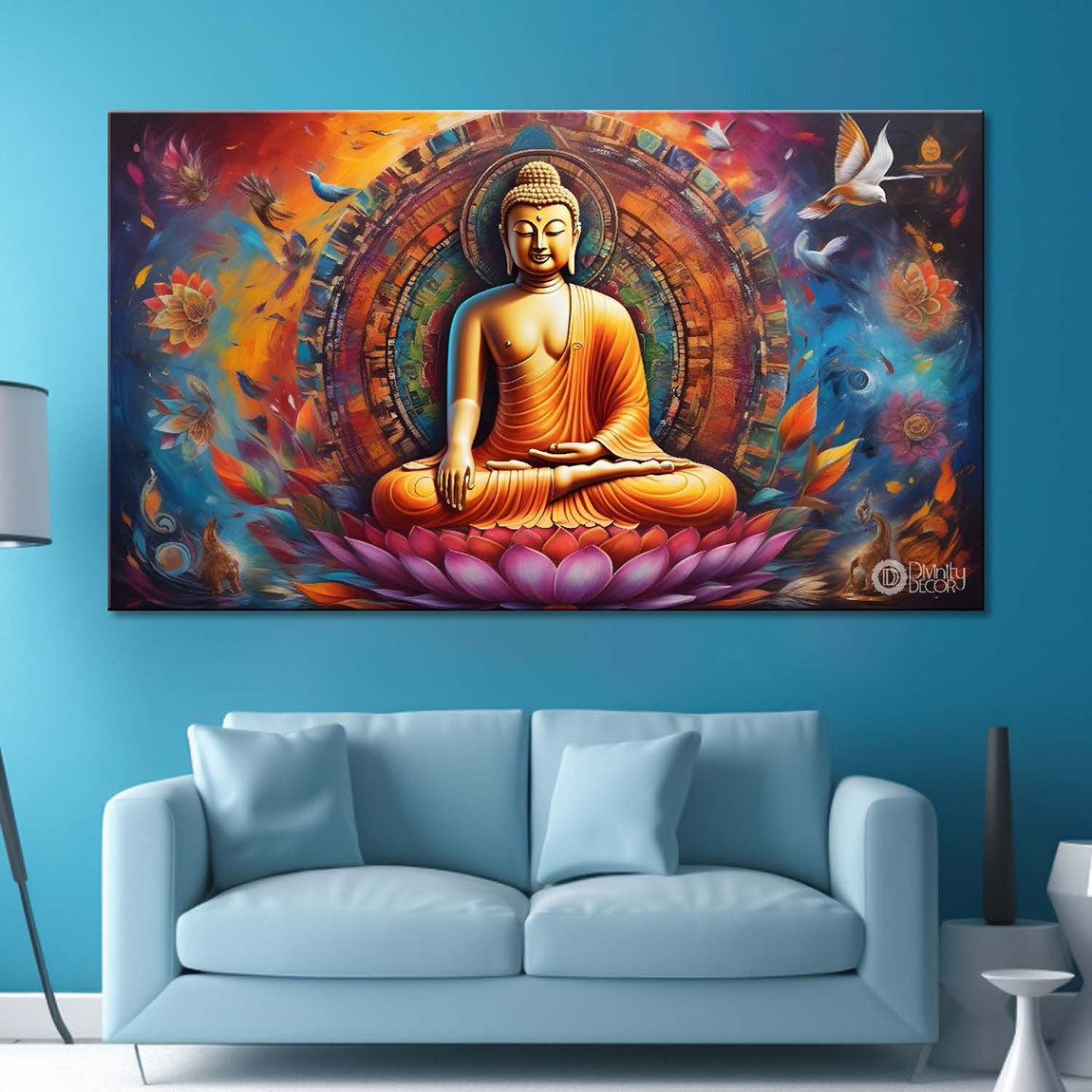 Golden buddha with colorful chakra background textured painting Canvas Wall Painting - Buddha-343