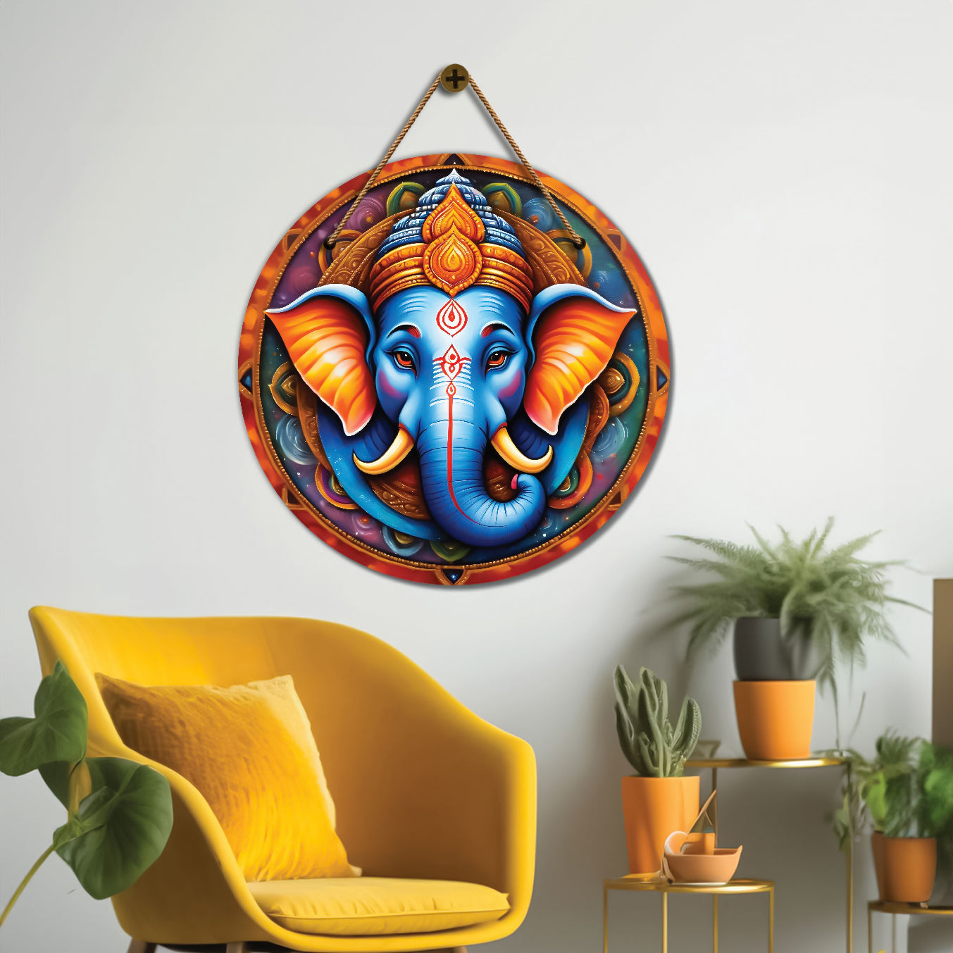 Ganesh Ji in blue and orange mandala Round Wooden Wall Hanging for wall Décor - Design - 343