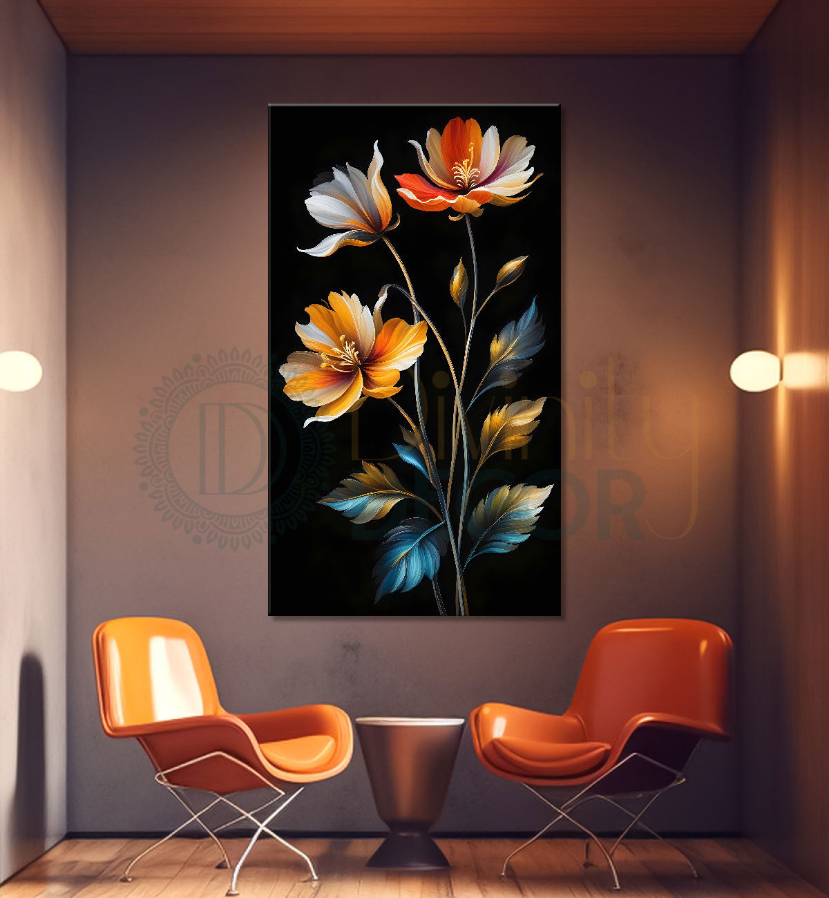 Colourful flowers in dark textured painting - Flower-V-343