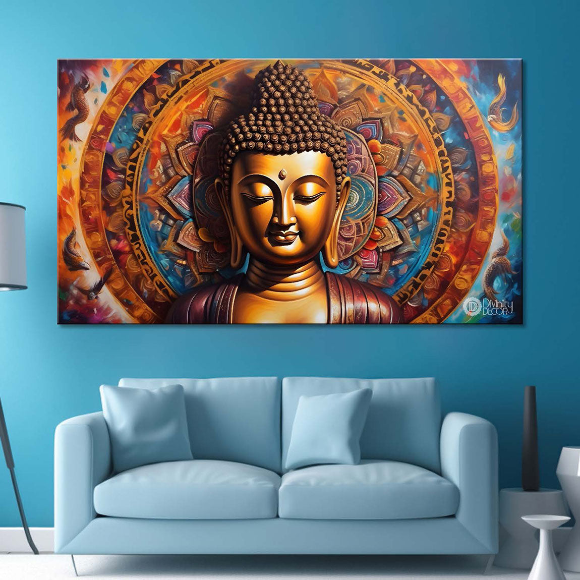 Golden buddha with colorful chakra background textured painting Canvas Wall Painting - Buddha-344