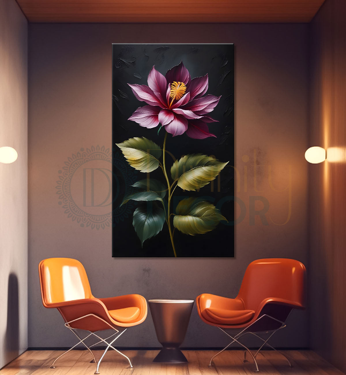 Purple flowers in dark textured background painting - Flower-V-344