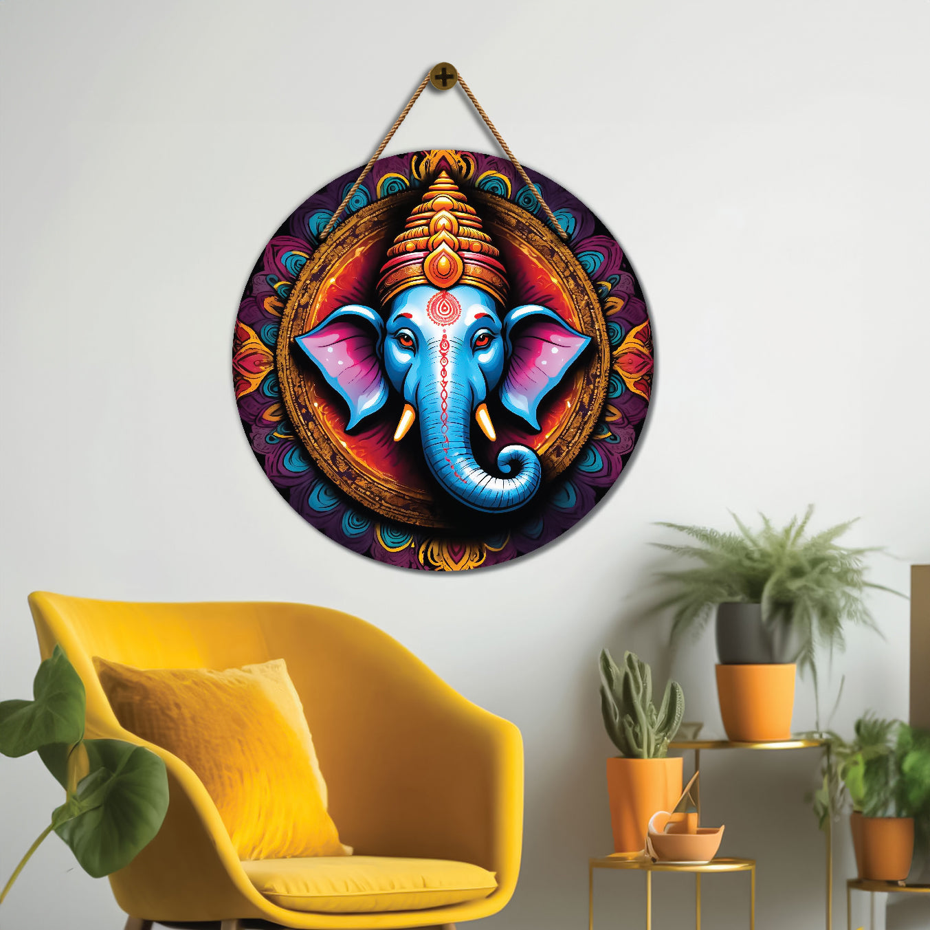 Ganesh Ji in blue and orange mandala Round Wooden Wall Hanging for wall Décor - Design - 344