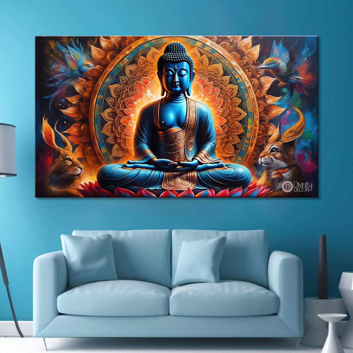 Golden buddha with colorful chakra background textured painting Canvas Wall Painting - Buddha-345