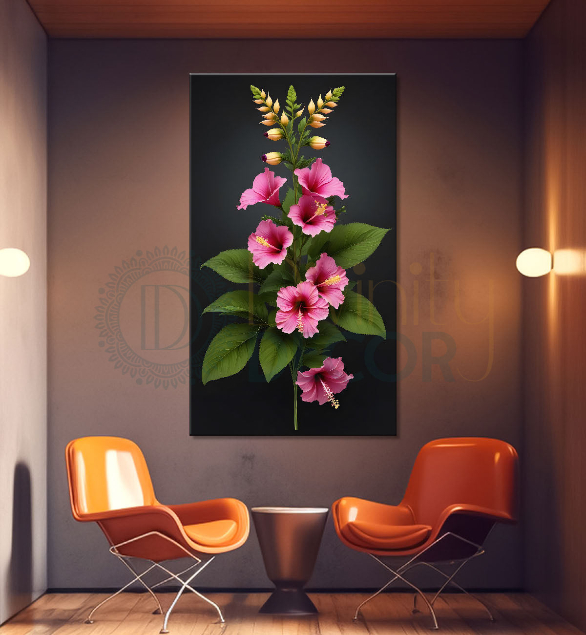 Pink flowers in dark textured painting - Flower-V-345