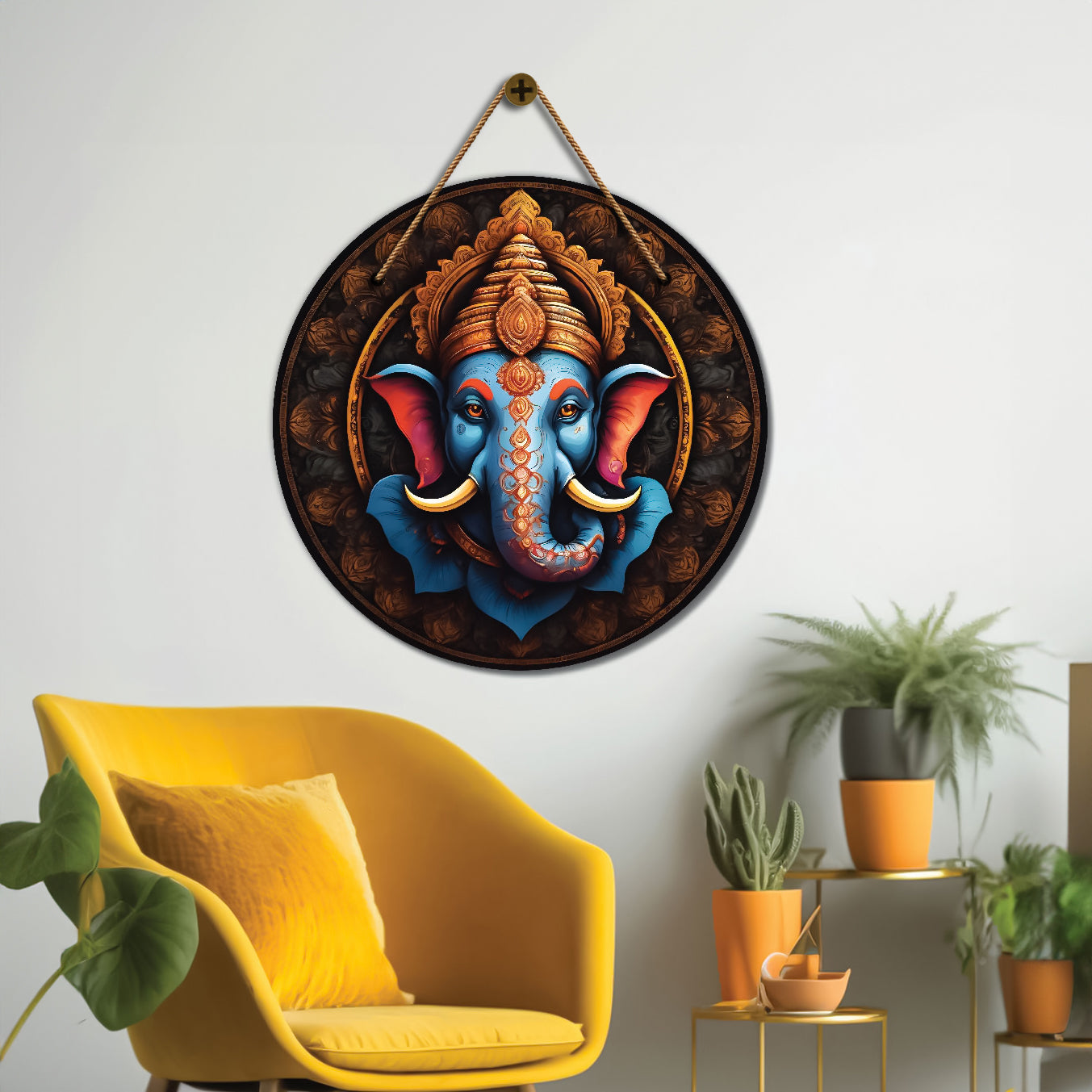 Ganesh Ji in blue and brown mandala Round Wooden Wall Hanging for wall Décor - Design - 345