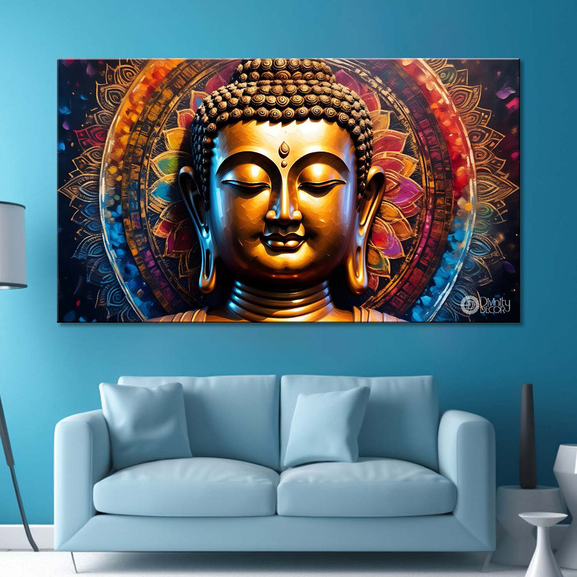 Golden buddha with colorful chakra background textured painting Canvas Wall Painting - Buddha-346