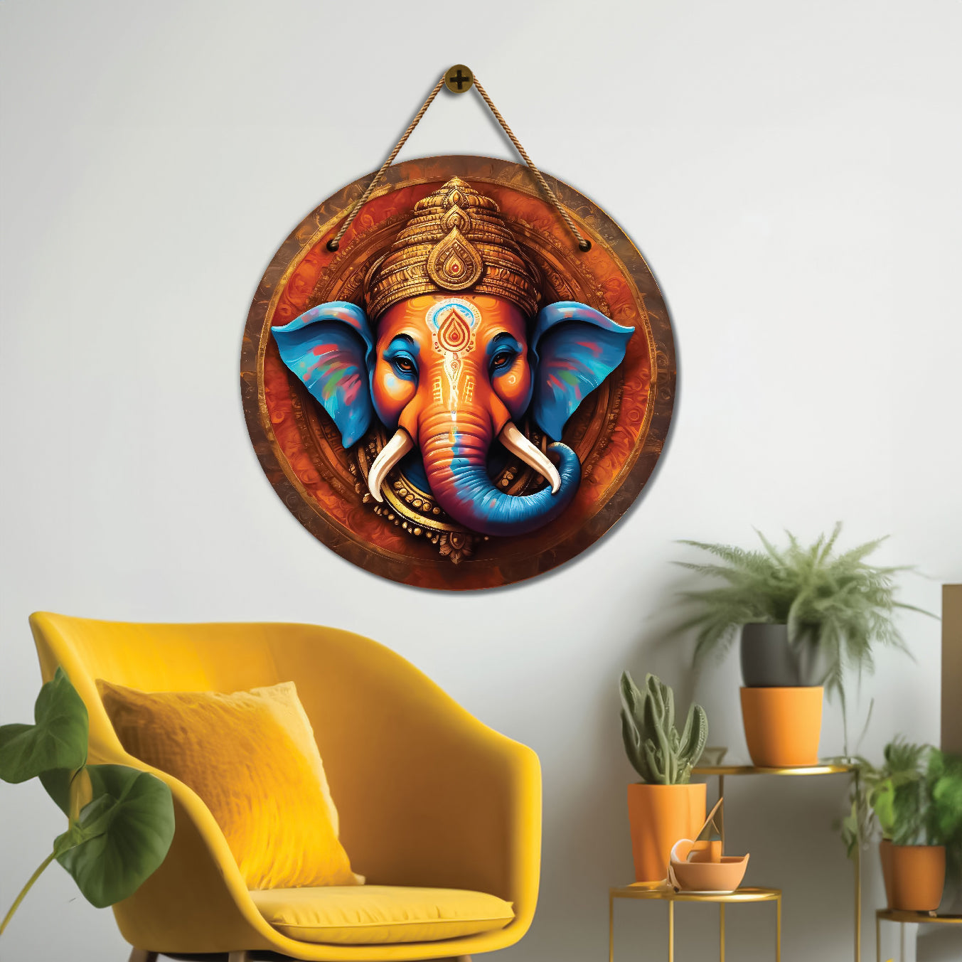 Ganesh Ji in blue and brown mandala Round Wooden Wall Hanging for wall Décor - Design - 346