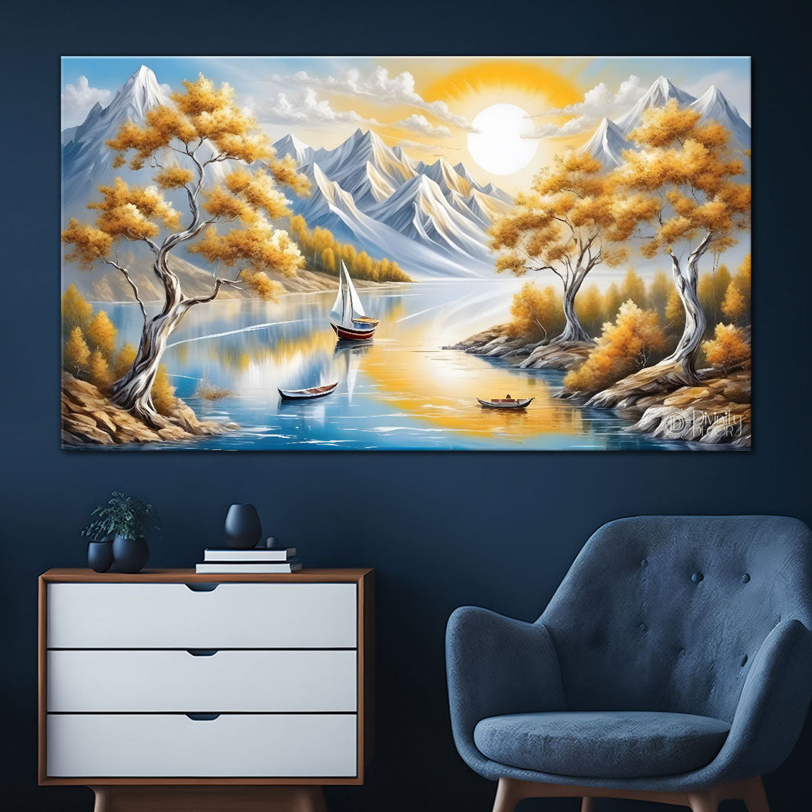 Golden trees with mountains painting Canvas Painting - Nature Art -346