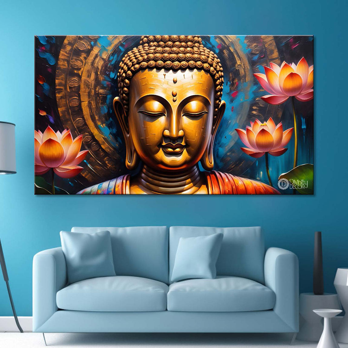 Golden buddha with colorful and lotus background textured painting Canvas Wall Painting - Buddha-347