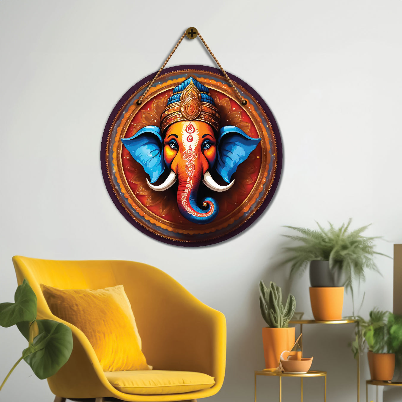 Ganesh Ji in blue and brown mandala Round Wooden Wall Hanging for wall Décor - Design - 347