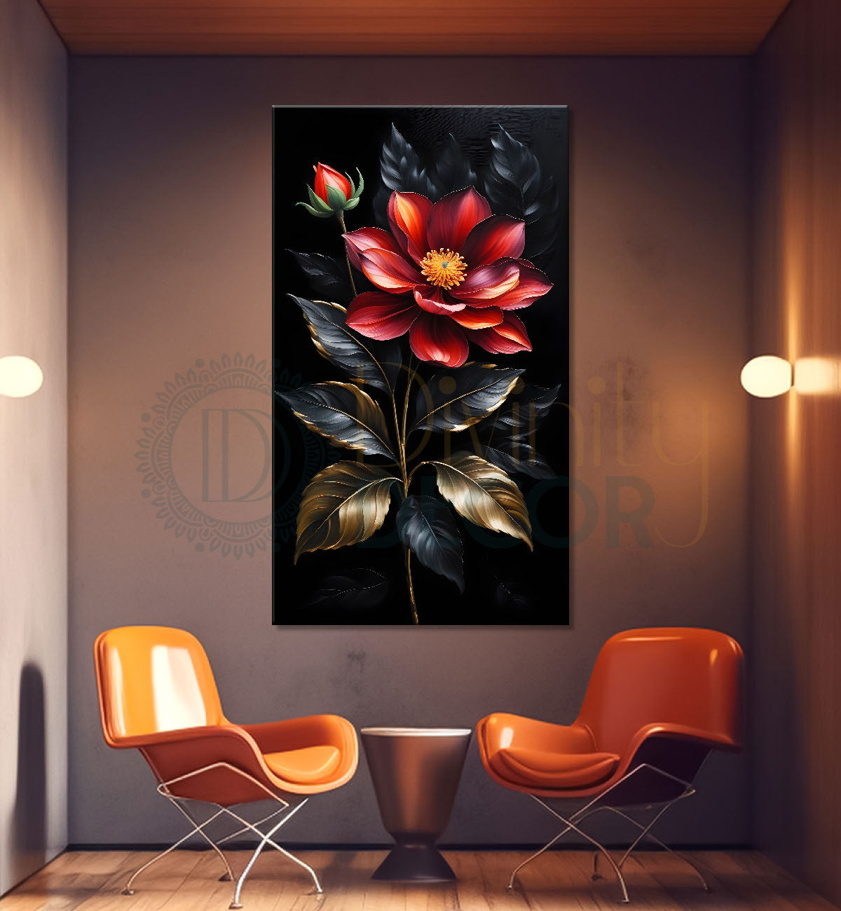 Pink flowers in dark textured painting- Flower-V-347
