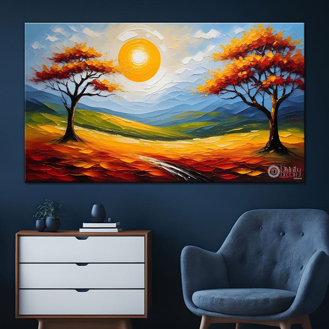 Orange trees with sun painting Canvas Painting - Nature Art -347