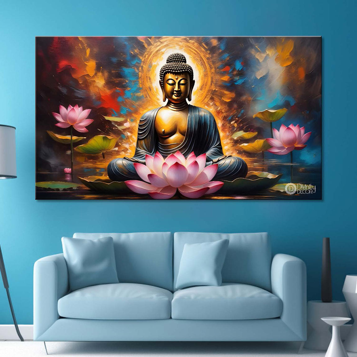 Golden buddha with colorful and lotus background textured painting Canvas Wall Painting - Buddha-348