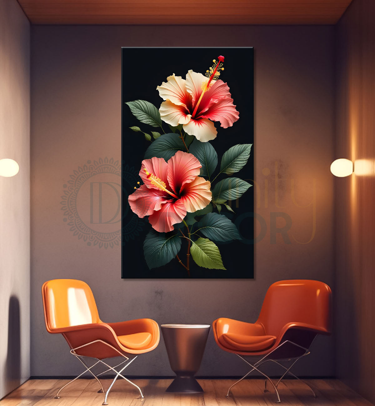 Pink hibiscus flowers in dark textured painting- Flower-V-348