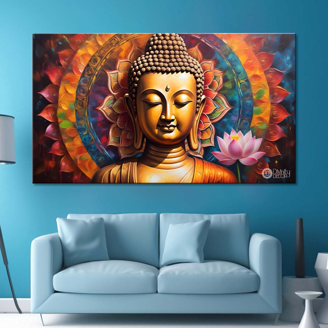 Golden buddha with colorful and lotus background textured painting Canvas Wall Painting - Buddha-349