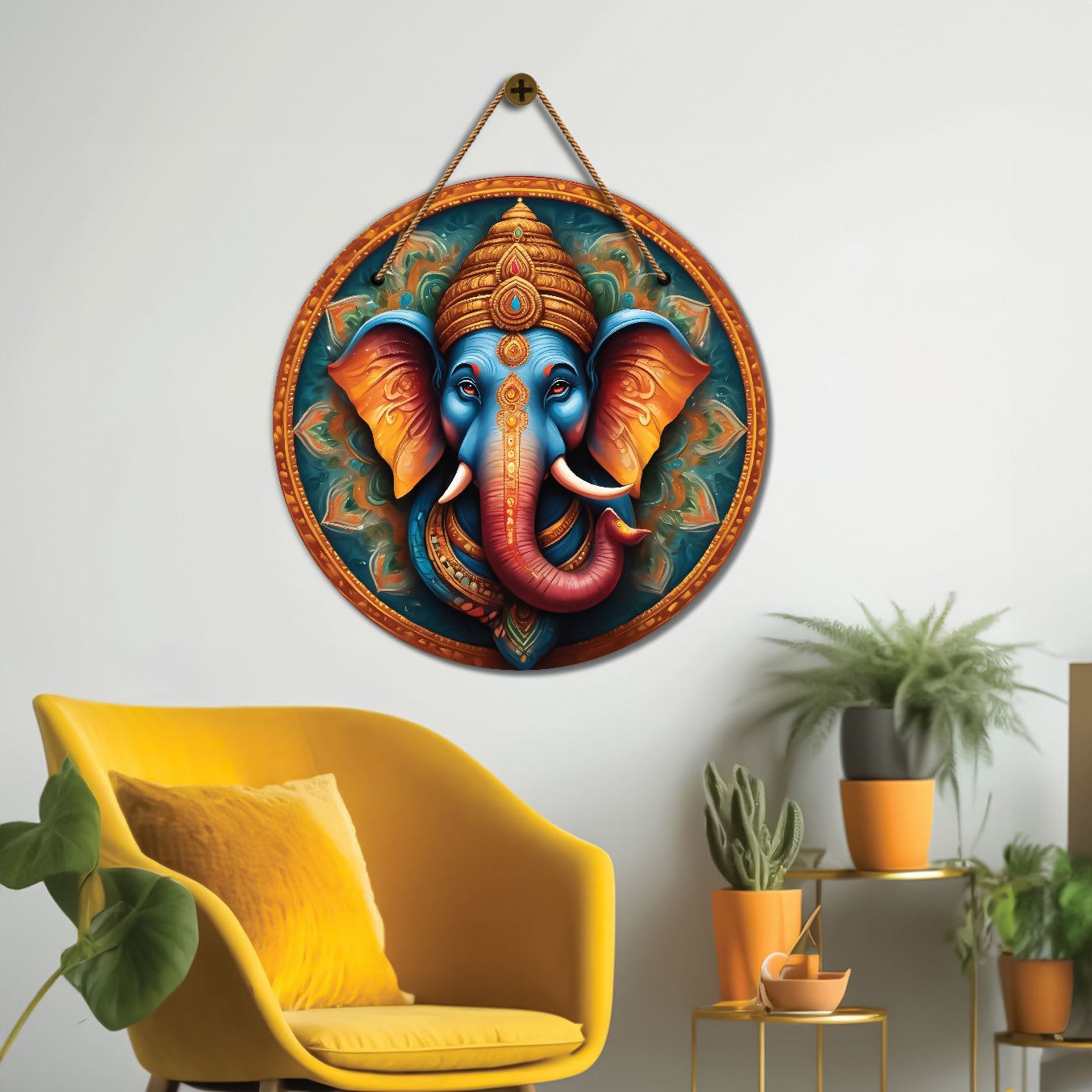 Ganesh Ji in blue and orange mandala Round Wooden Wall Hanging for wall Décor - Design - 349